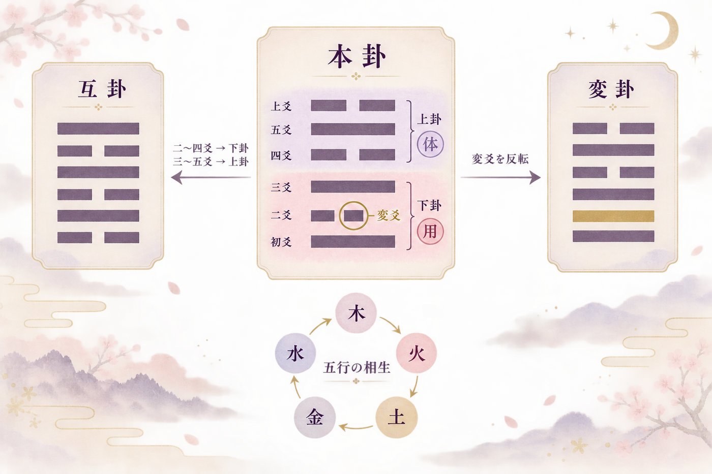 本卦・互卦・変卦と体用の関係図