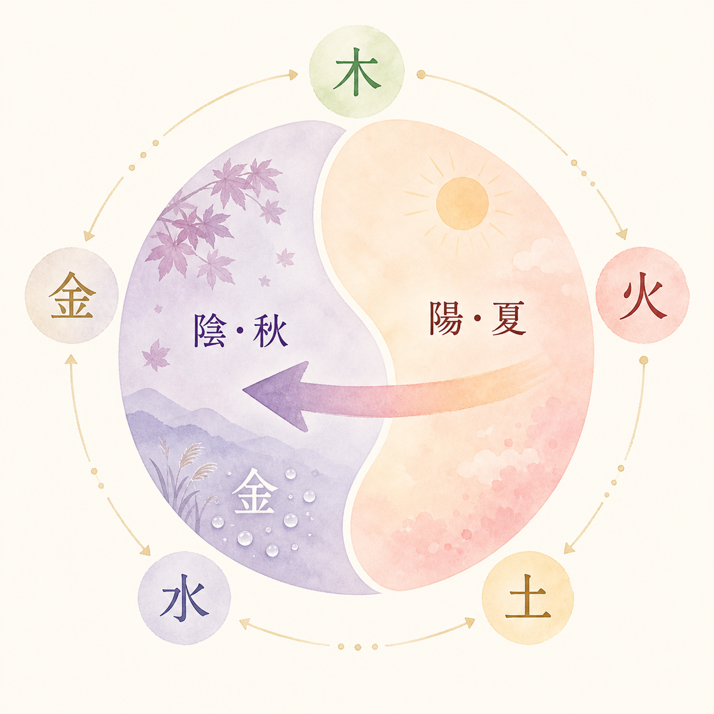 陰陽の切り替わりと秋＝金の気の対応図