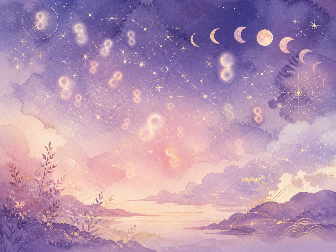 重なり合う888の数字が夜空に広がる様子