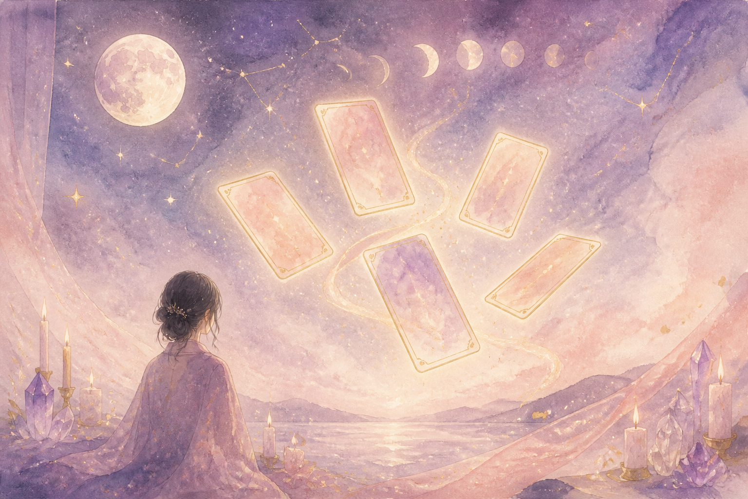 夜空に浮かぶオラクルカードと神託のイメージ