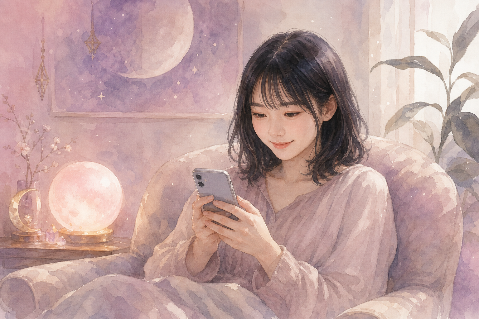 スマホで占いコンテンツを見る女性