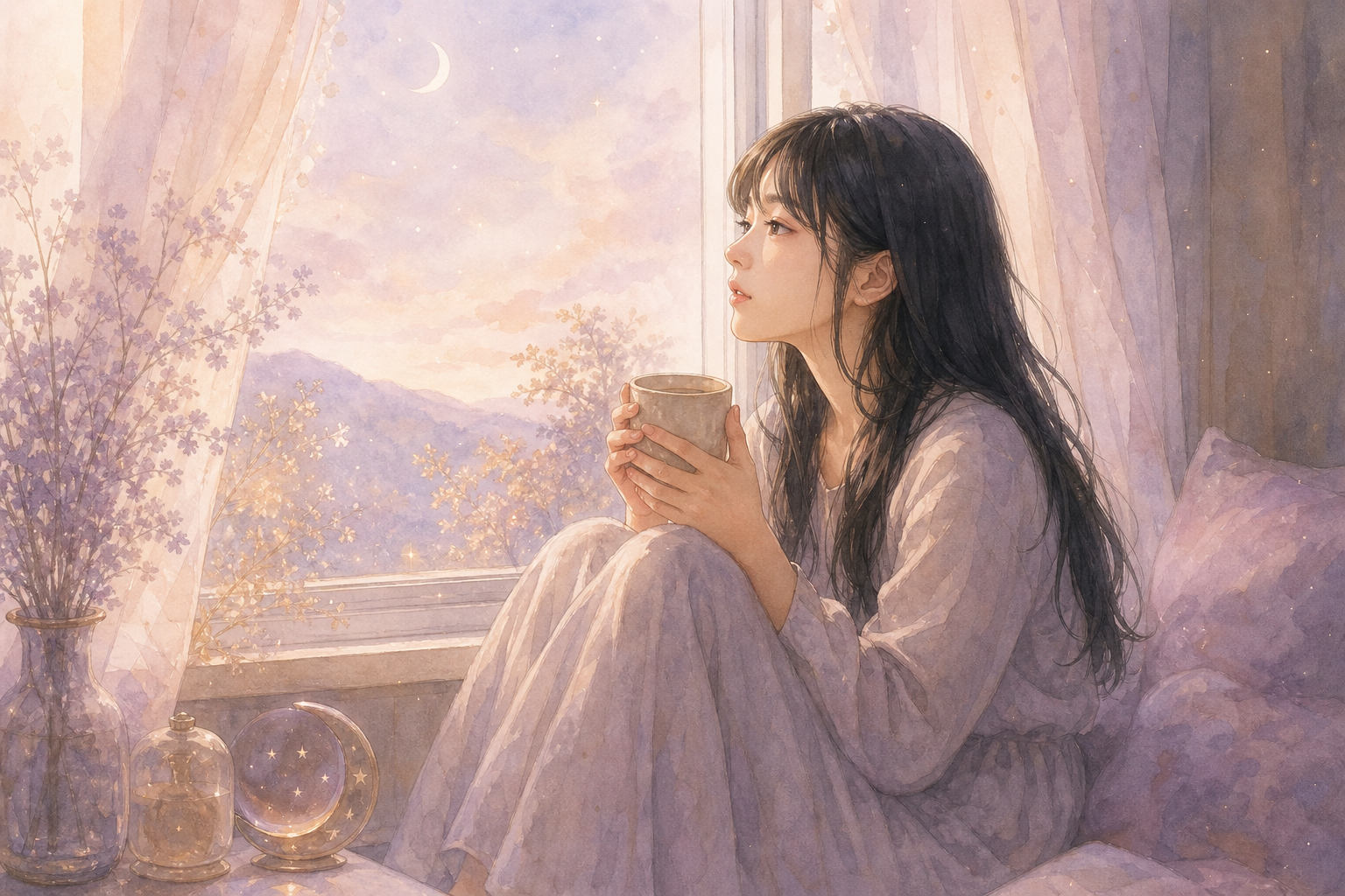 窓辺で物思いにふける女性