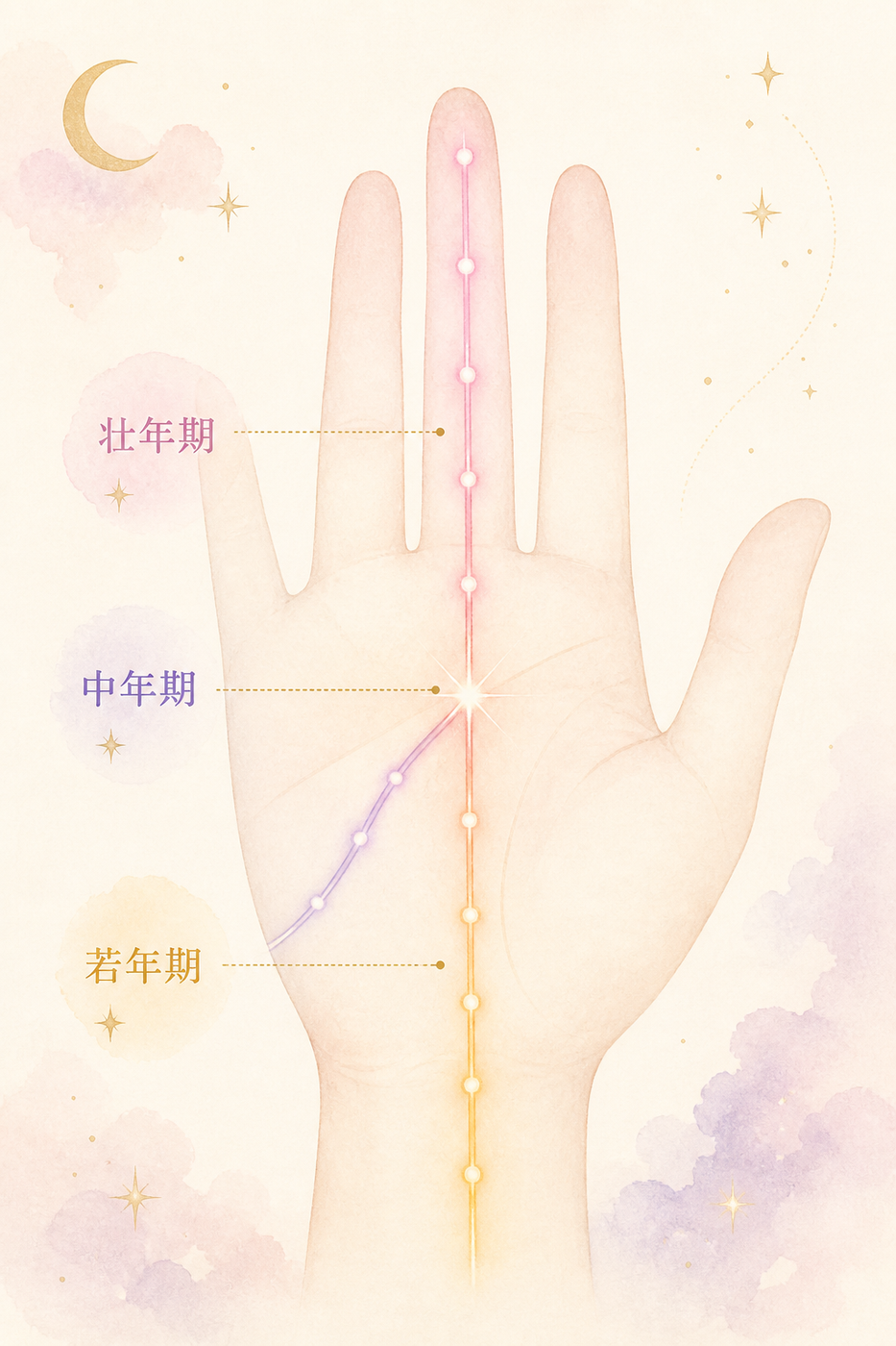 流年法で見る、運命線と時期の対応図